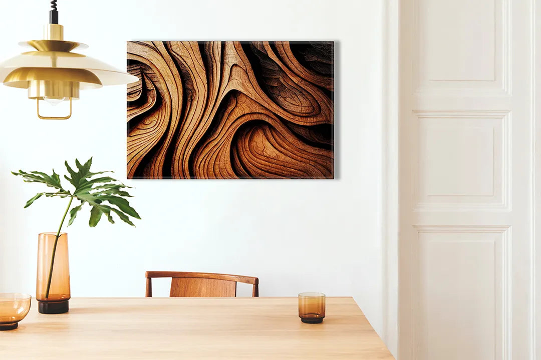 Kurkborden op canvas met golvend houtpatroon in warme tinten – formaat 100 × 70 cm