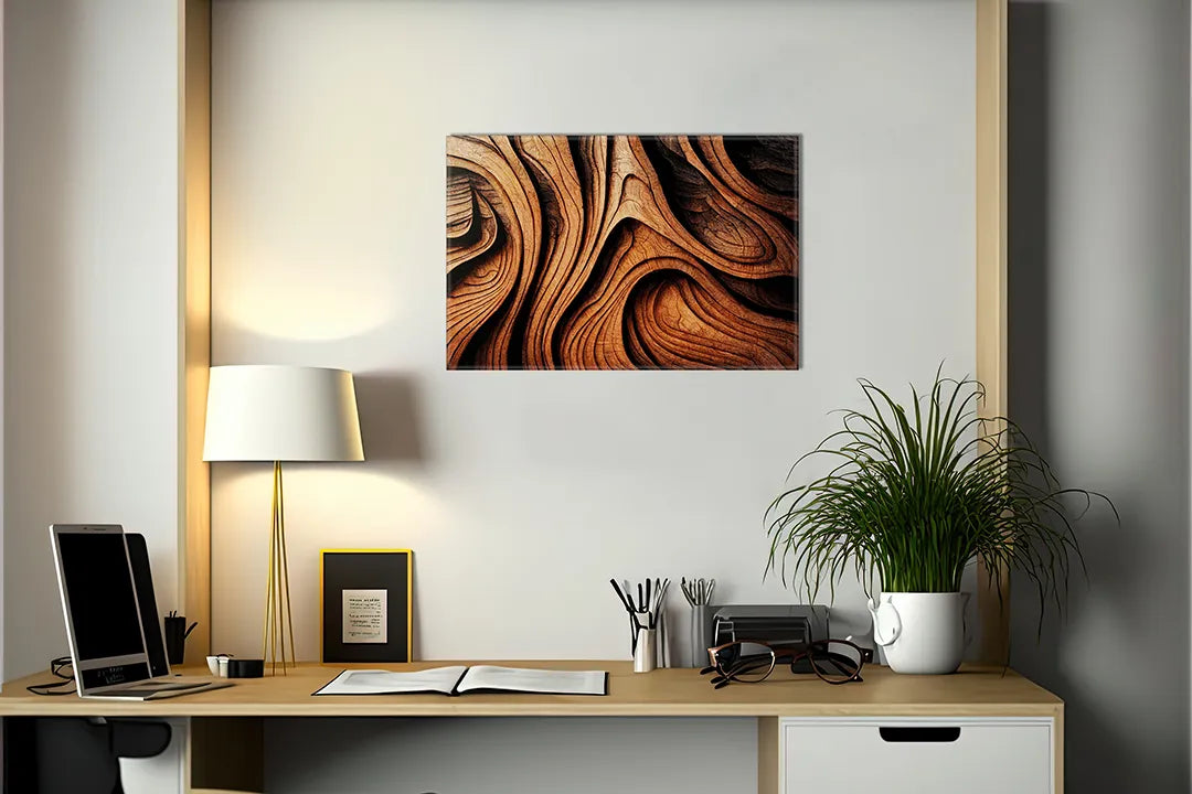 Kurkborden op canvas met golvend houtpatroon in warme tinten – formaat 140 × 100 cm