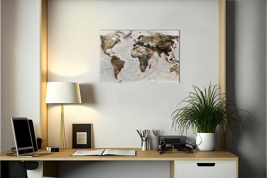 Kurkborden op canvas met wereldkaart in marmerstructuur – formaat 140 × 100 cm