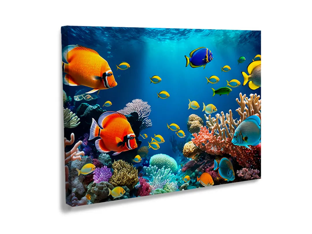 Kurkborden op canvas met tropische vissen bij kleurrijk koraal – formaat 120 × 80 cm