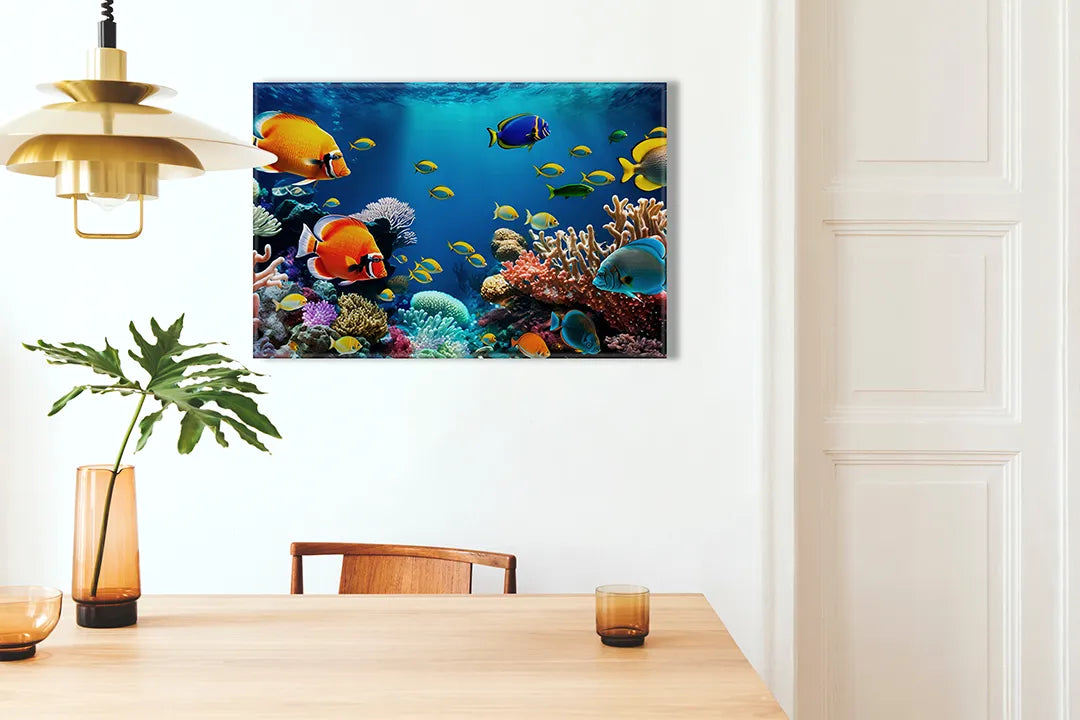 Kurkborden op canvas met tropische vissen bij kleurrijk koraal – formaat 100 × 70 cm