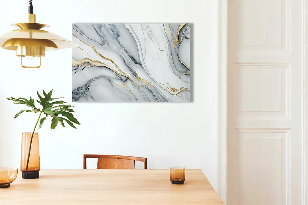 Kurkborden op canvas met wit marmer met gouden aders – formaat 100 × 70 cm