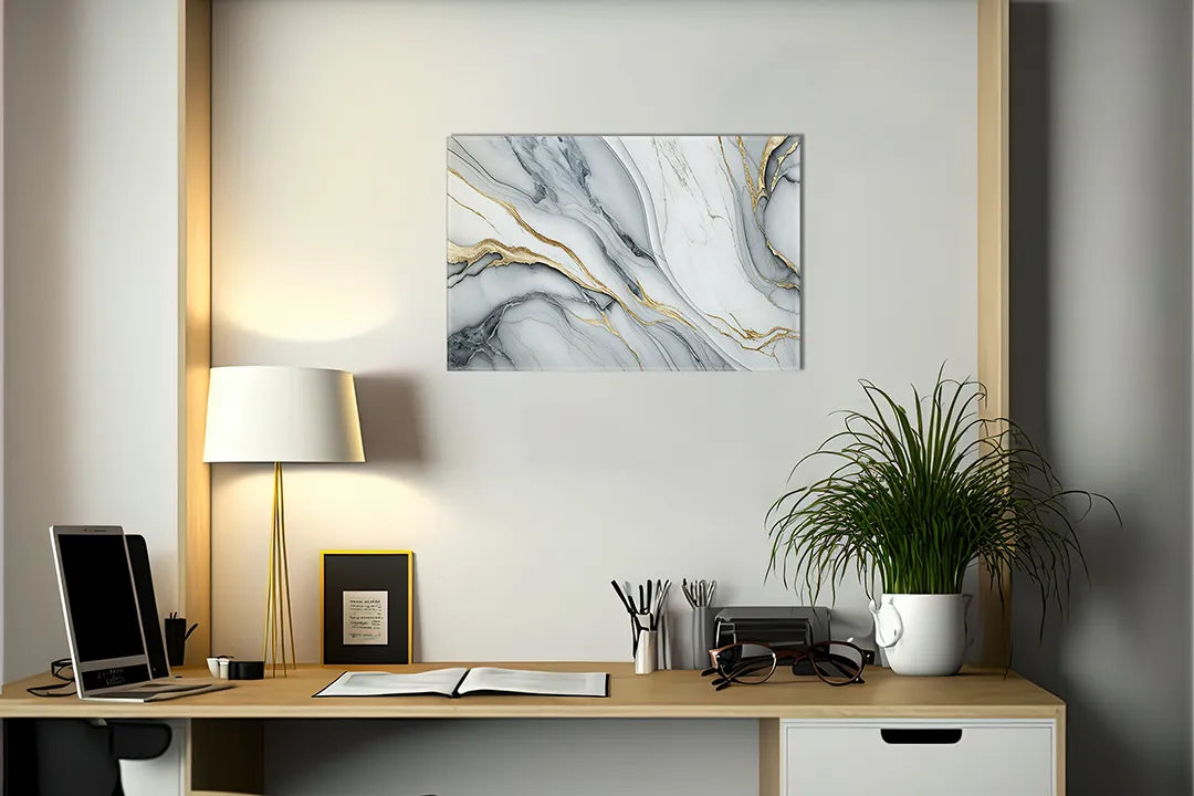 Kurkborden op canvas met wit marmer met gouden aders – formaat 140 × 100 cm