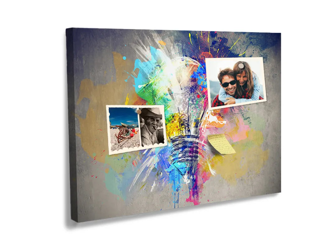 Kurkborden op canvas met kleurrijke abstracte gloeilamp – formaat 60 × 40 cm