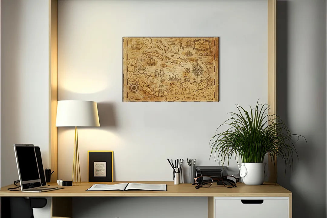 Kurkborden op canvas met antieke fantasiekaart op perkament – formaat 140 × 100 cm