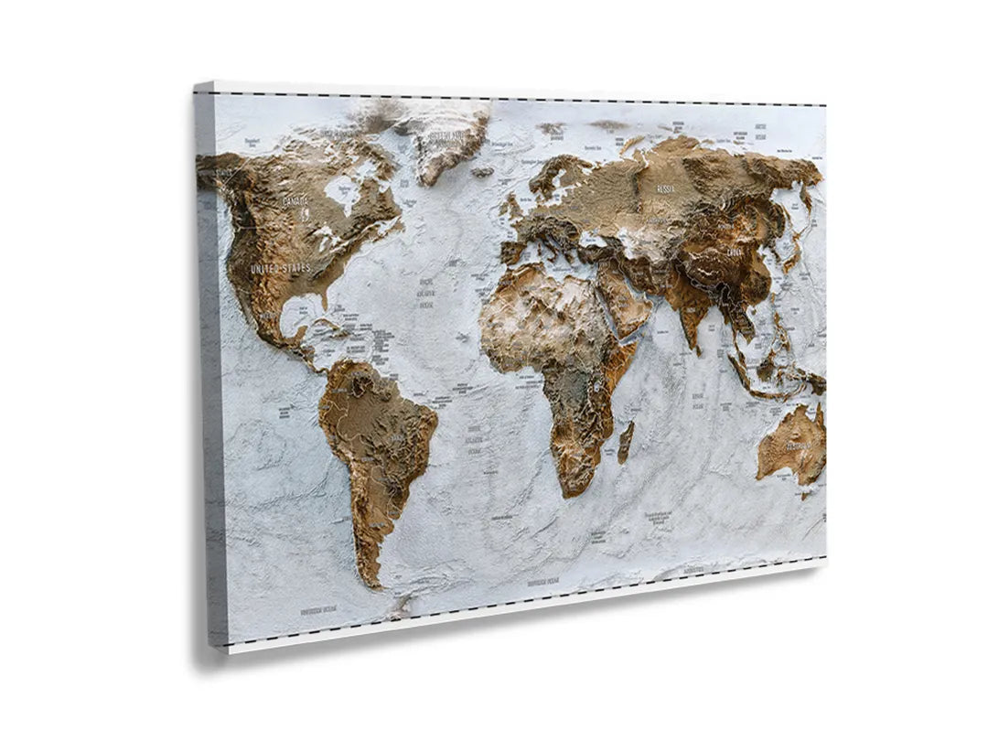 Kurkborden op canvas met luxe wereldkaart in goud en grijs – formaat 120 × 80 cm