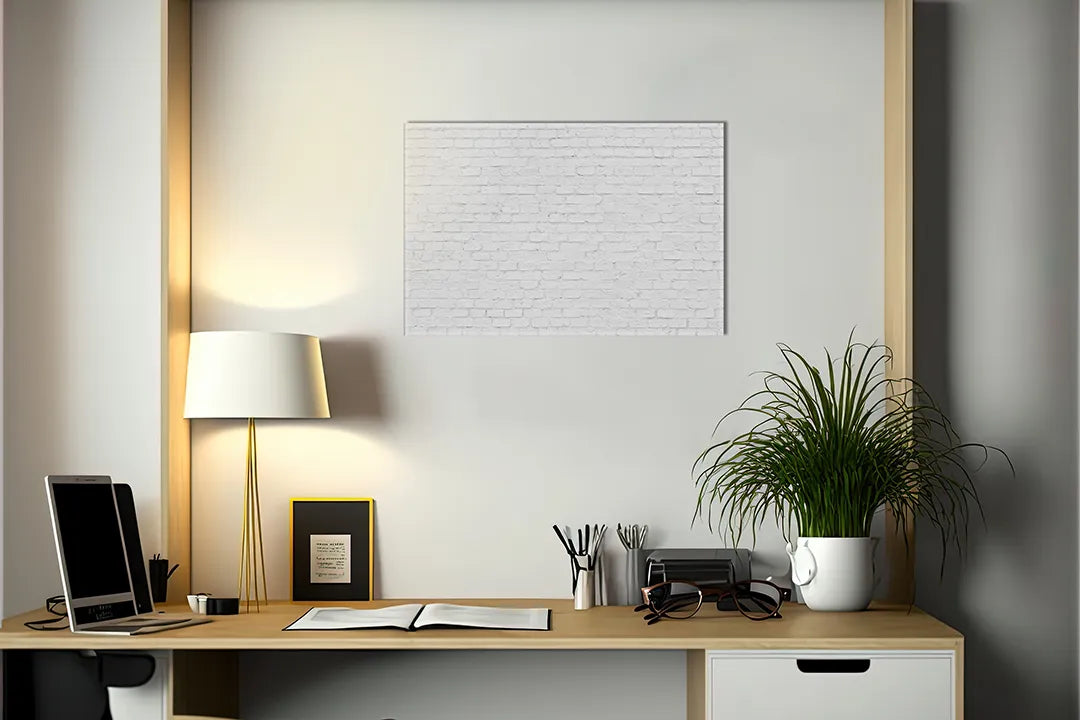 Kurkborden op canvas met witte bakstenen muurstructuur – formaat 140 × 100 cm