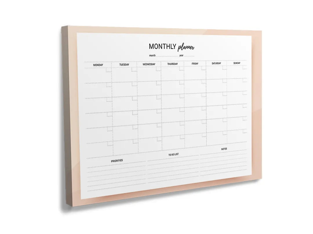 Kurkborden op canvas met minimalistische maandplanner in beige – formaat 120 × 80 cm