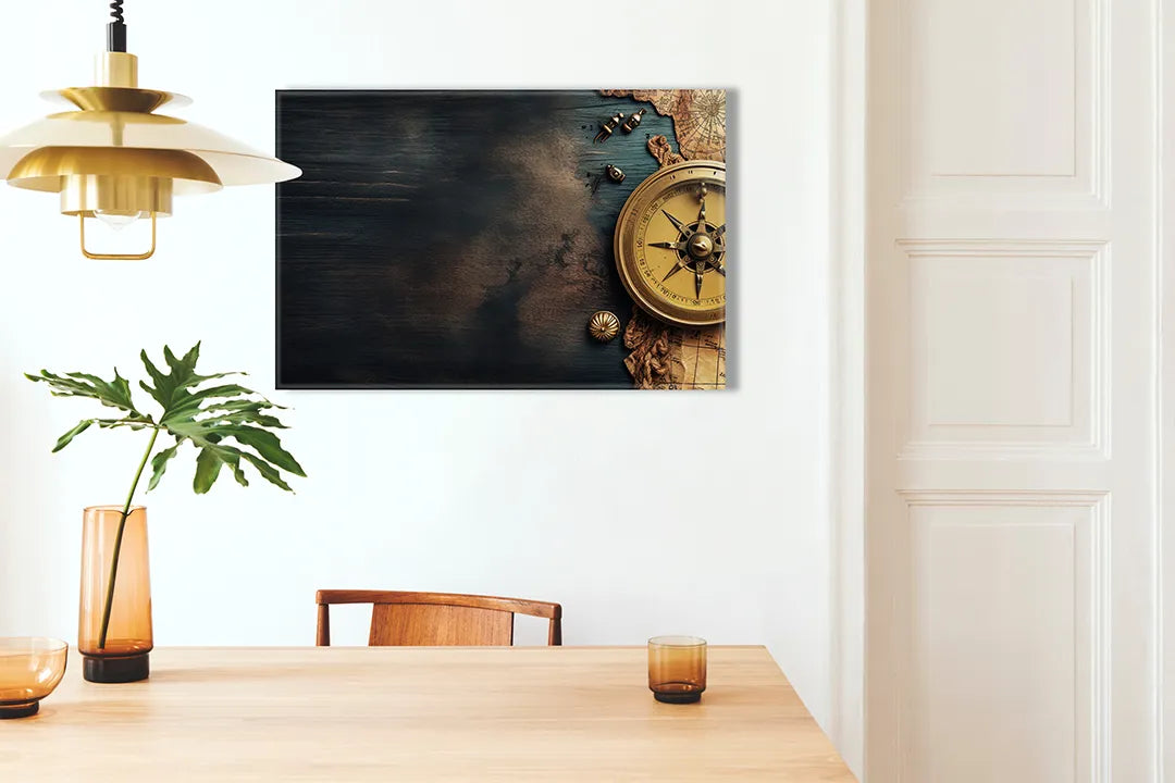 Kurkborden op canvas met vintage kompas op donkere houtachtergrond – formaat 100 × 70 cm