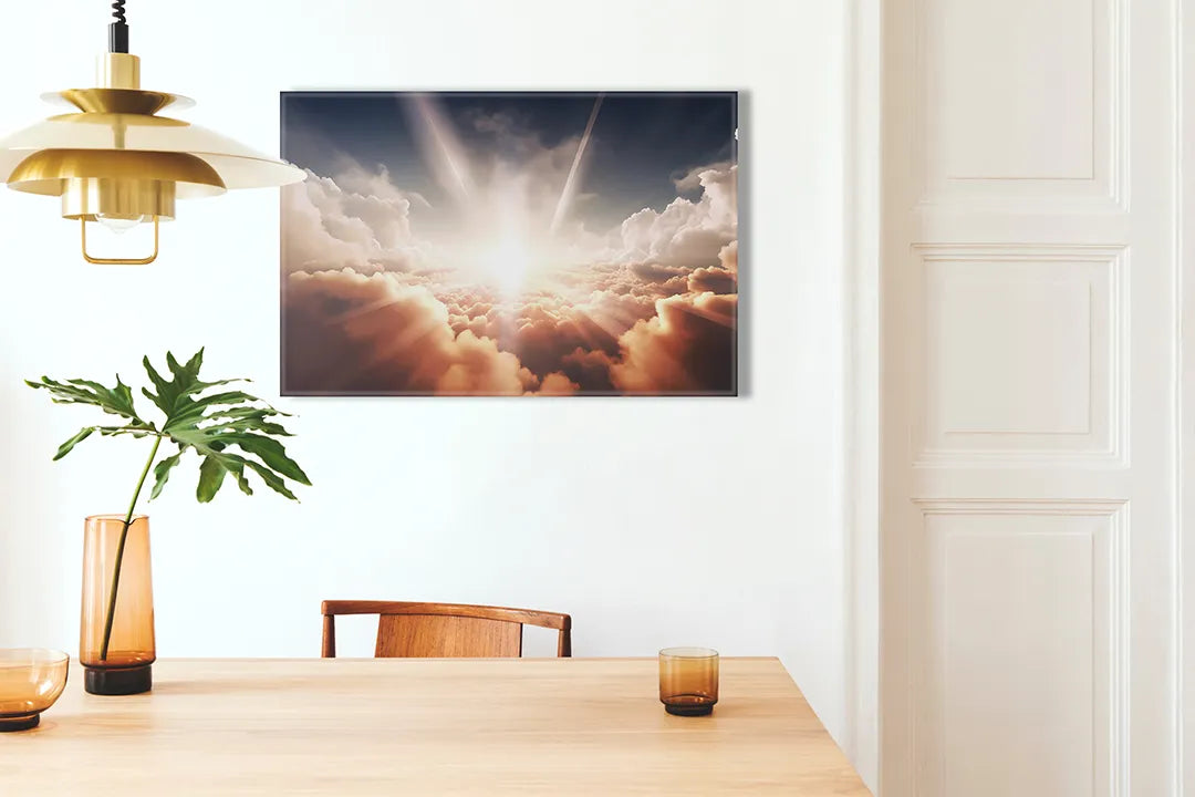 Kurkborden op canvas met zonlicht dat door wolken breekt – formaat 100 × 70 cm