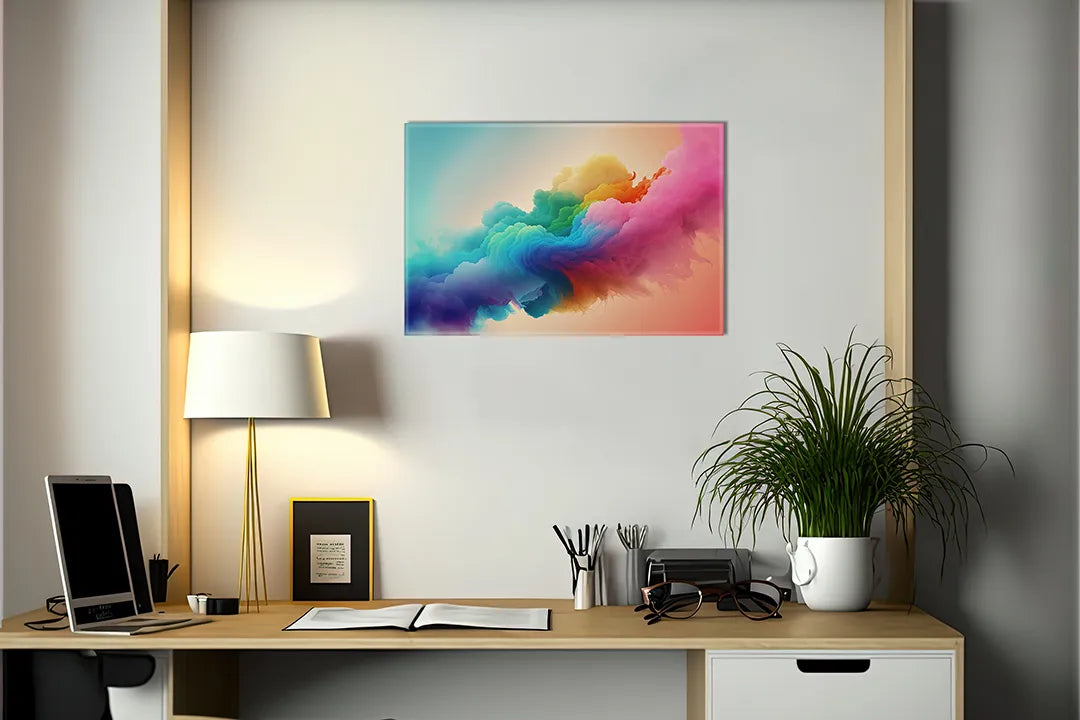 Kurkborden op canvas met kleurrijke rookwolk op pastelachtergrond – formaat 140 × 100 cm