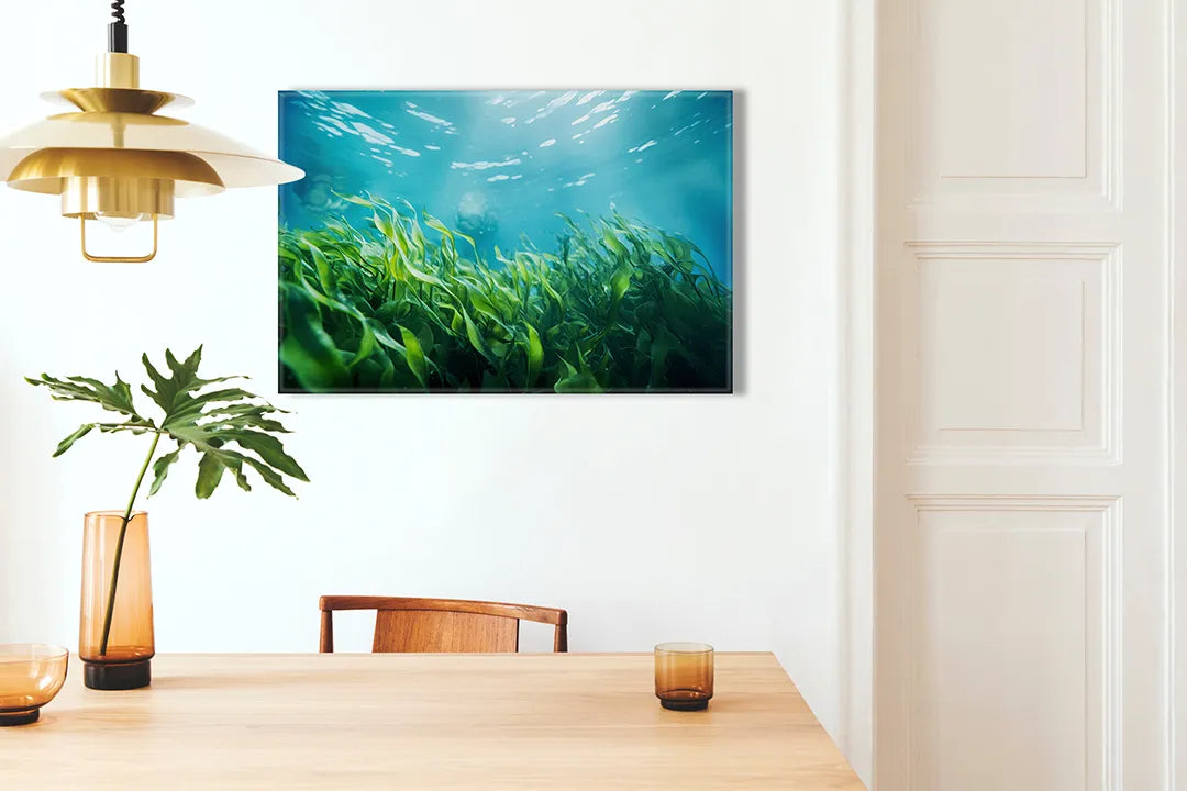 Kurkborden op canvas met onderwater gras in zonlicht – formaat 100 × 70 cm