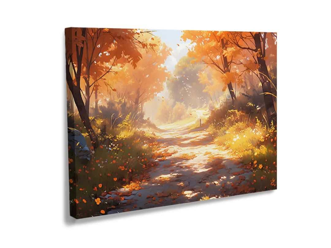 Kurkborden op canvas met herfstbos met zonnestralen – formaat 120 × 80 cm