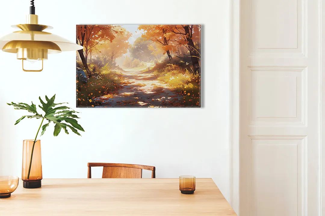 Kurkborden op canvas met herfstbos met zonnestralen – formaat 100 × 70 cm