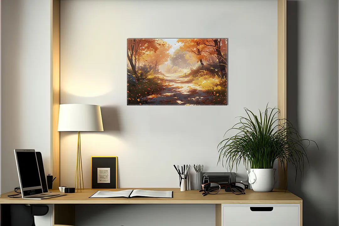 Kurkborden op canvas met herfstbos met zonnestralen – formaat 140 × 100 cm