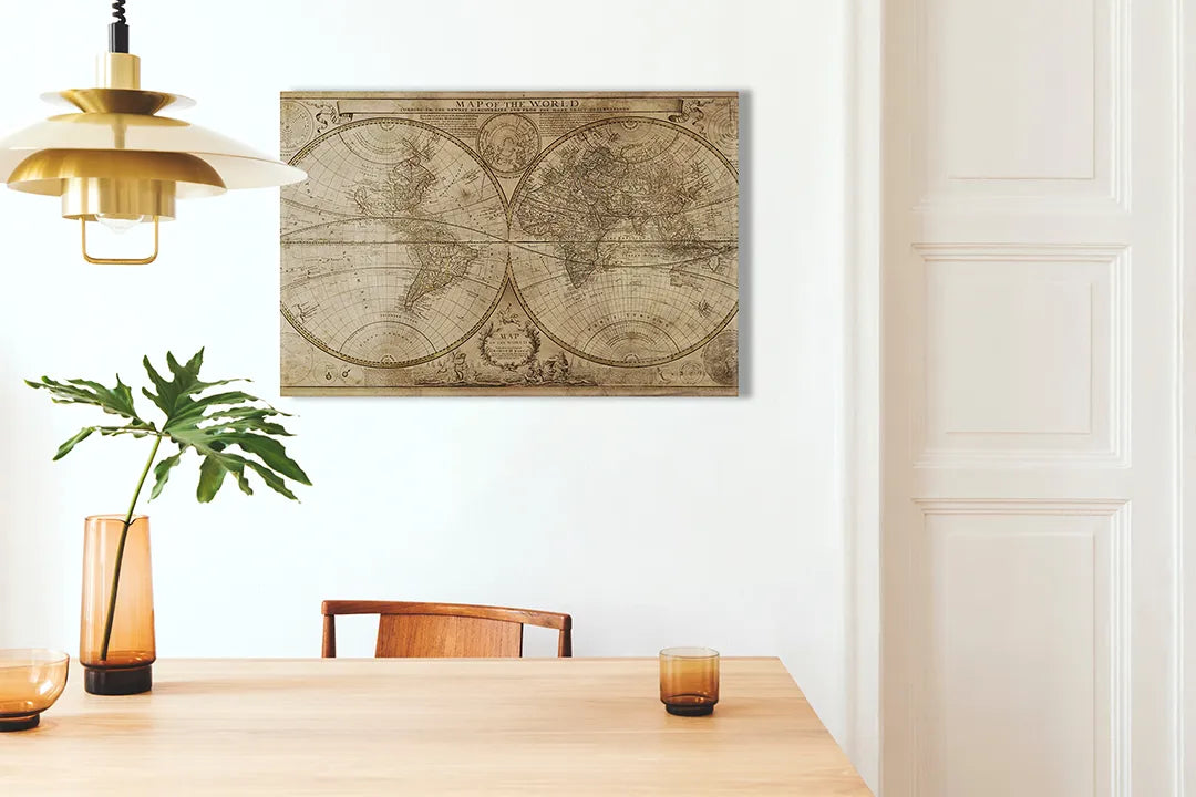 Kurkborden op canvas met antieke dubbele wereldkaart – formaat 100 × 70 cm