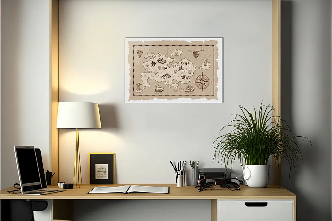 Kurkborden op canvas met speelse schatkaart op gescheurd papier – formaat 140 × 100 cm