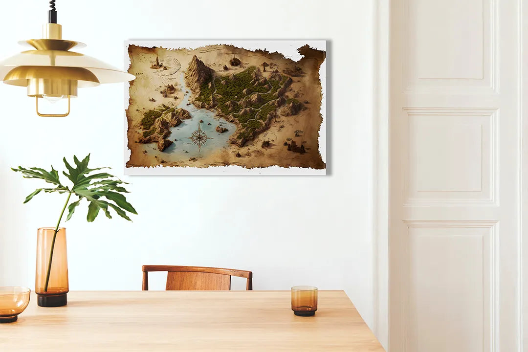 Kurkborden op canvas met fantasy eilandkaart op verweerd papier – formaat 100 × 70 cm
