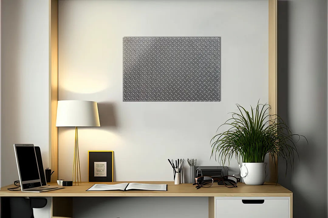 Kurkborden op canvas met metalen traanplaat structuur – formaat 140 × 100 cm