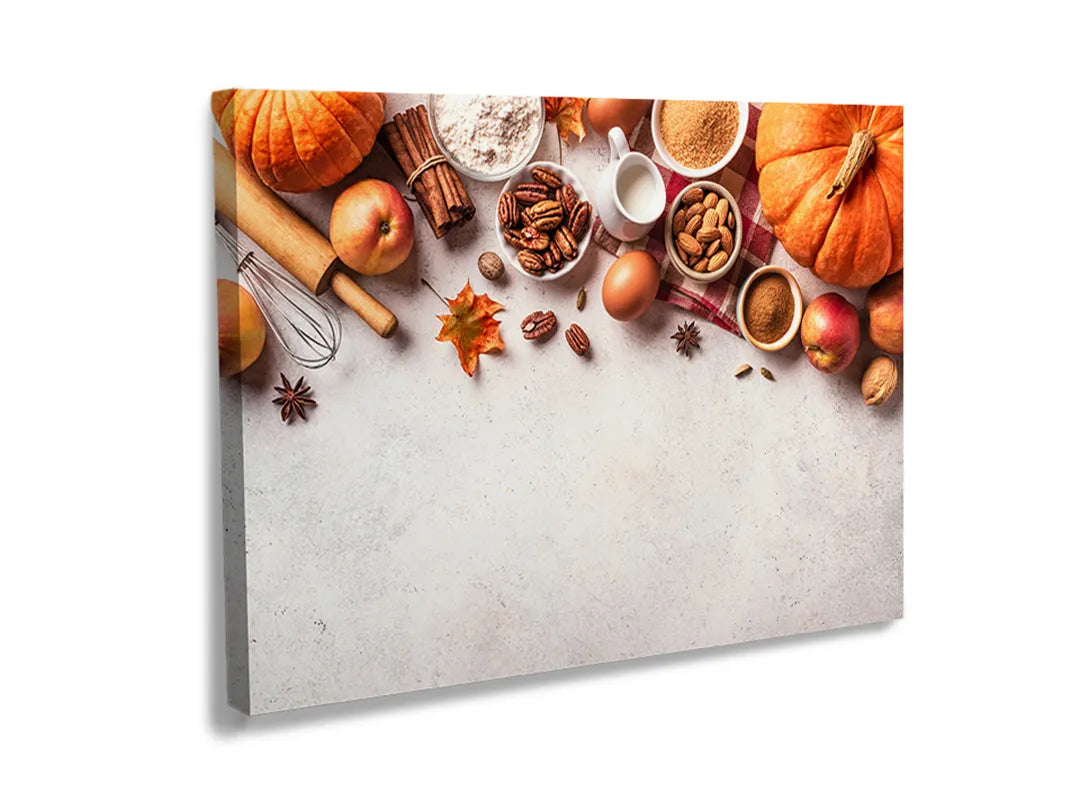 Kurkborden op canvas met herfstkruiden en specerijen op wit – formaat 120 × 80 cm