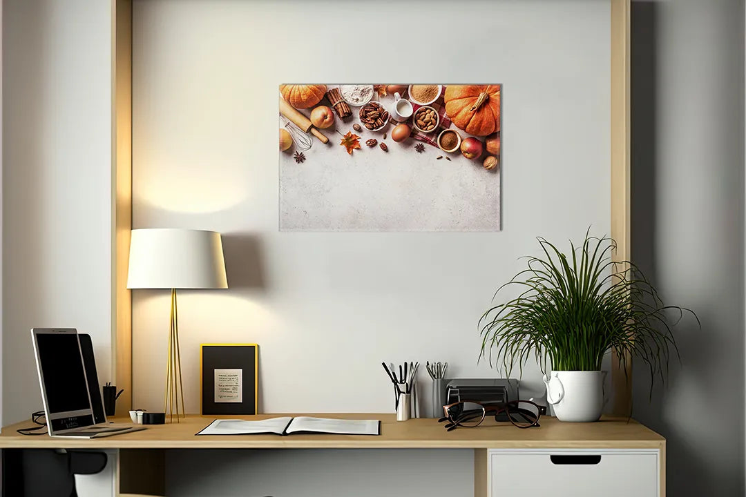Kurkborden op canvas met herfstkruiden en specerijen op wit – formaat 140 × 100 cm
