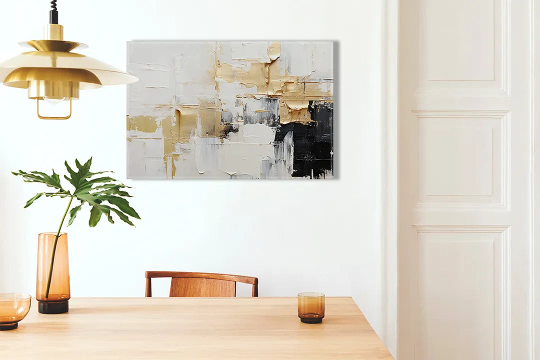 Kurkborden op canvas met abstract schilderij in wit goud en zwart – formaat 100 × 70 cm