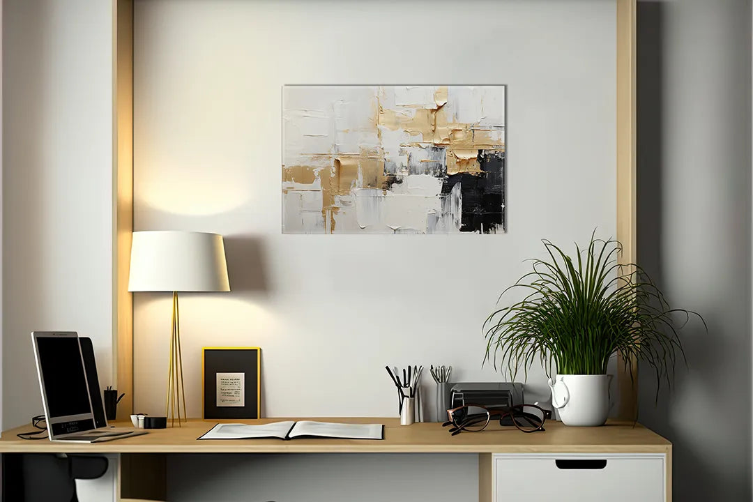 Kurkborden op canvas met abstract schilderij in wit goud en zwart – formaat 140 × 100 cm