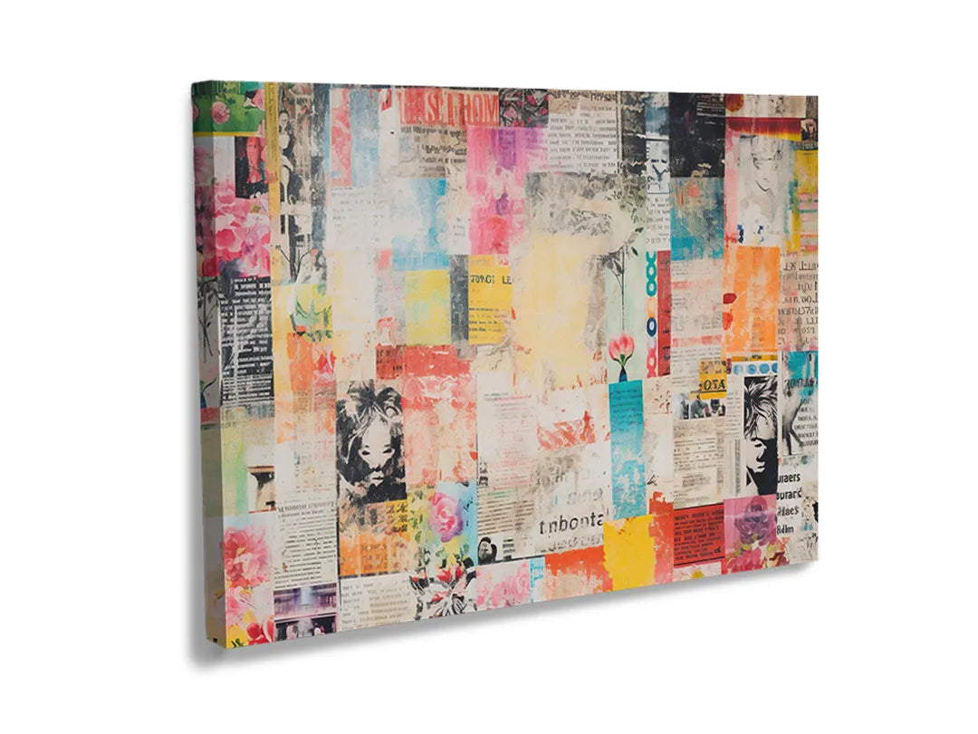 Kurkborden op canvas met kleurrijke collage van posters – formaat 120 × 80 cm