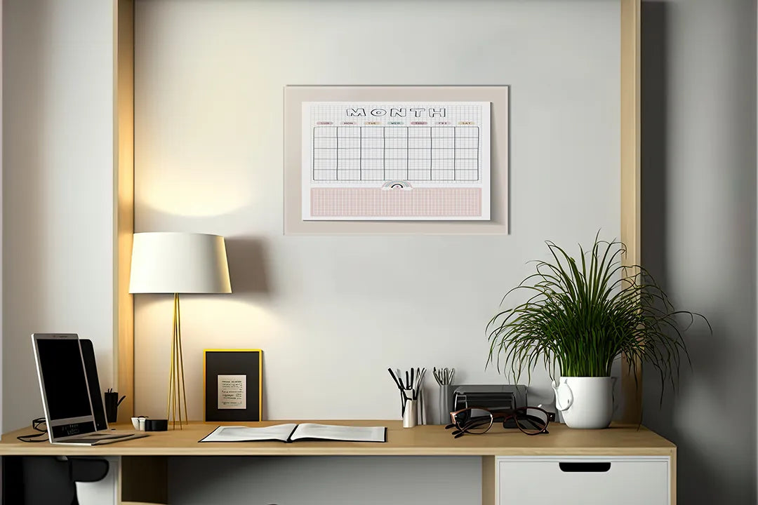 Kurkborden op canvas met roze maandplanner – formaat 140 × 100 cm