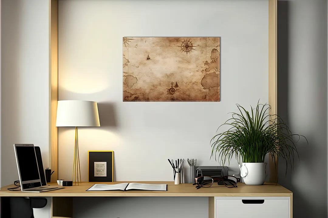 Kurkborden op canvas met oude zeekaart op verweerd perkament – formaat 140 × 100 cm