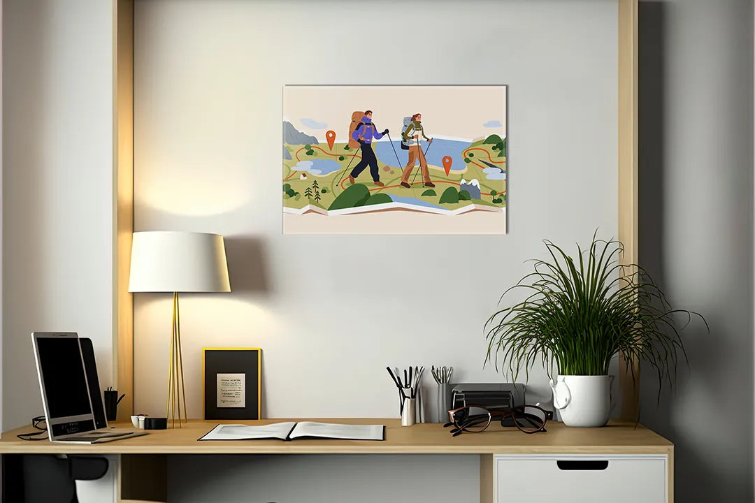 Kurkborden op canvas met wandelaars in een geïllustreerd landschap – formaat 140 × 100 cm