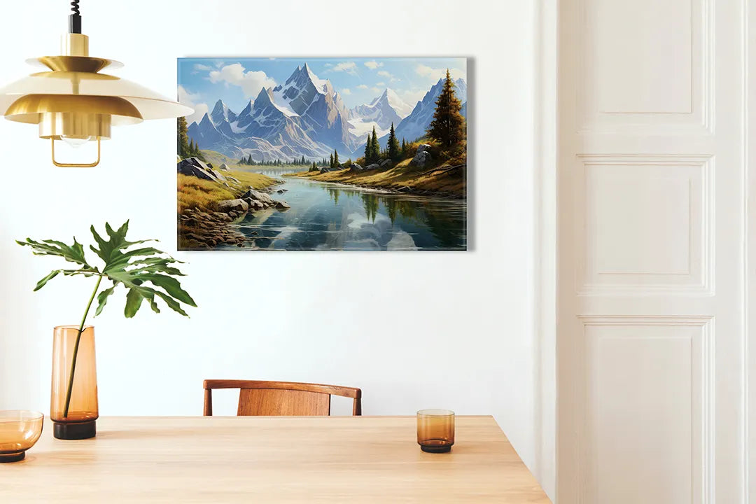 Kurkborden op canvas met bergmeer met dennenbomen – formaat 100 × 70 cm
