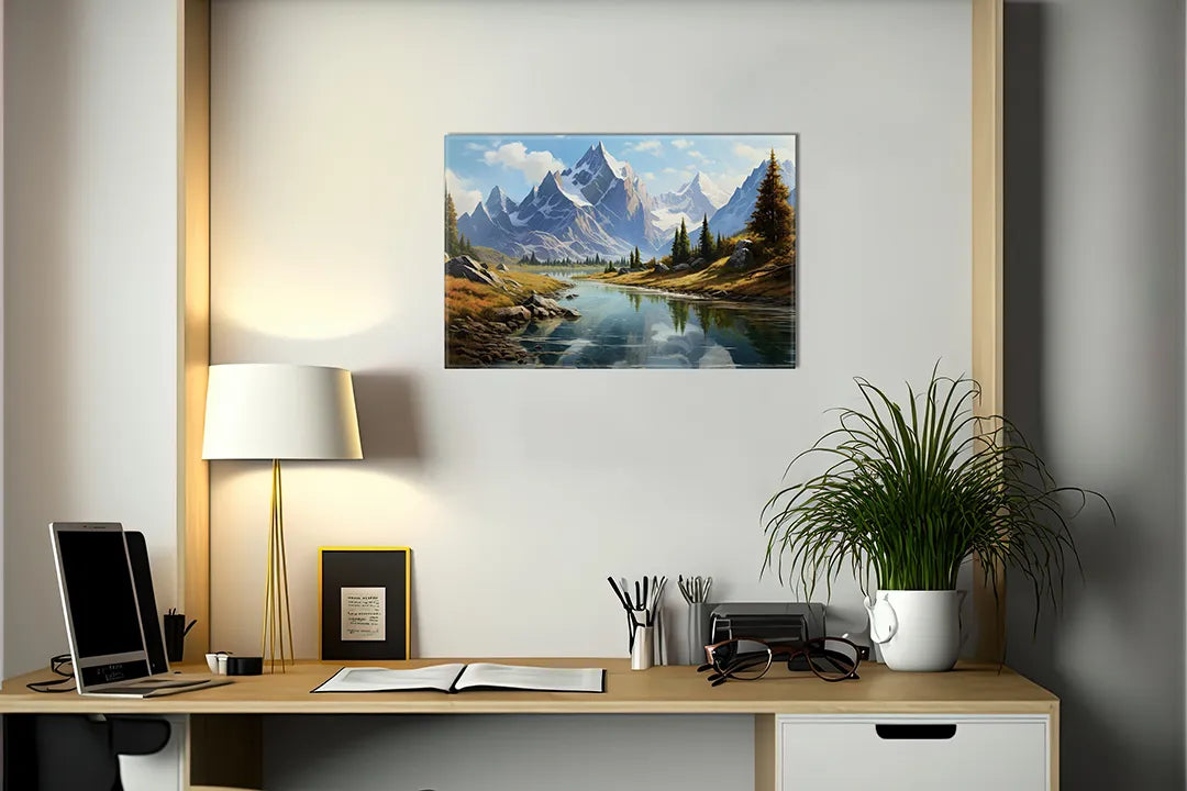 Kurkborden op canvas met bergmeer met dennenbomen – formaat 140 × 100 cm