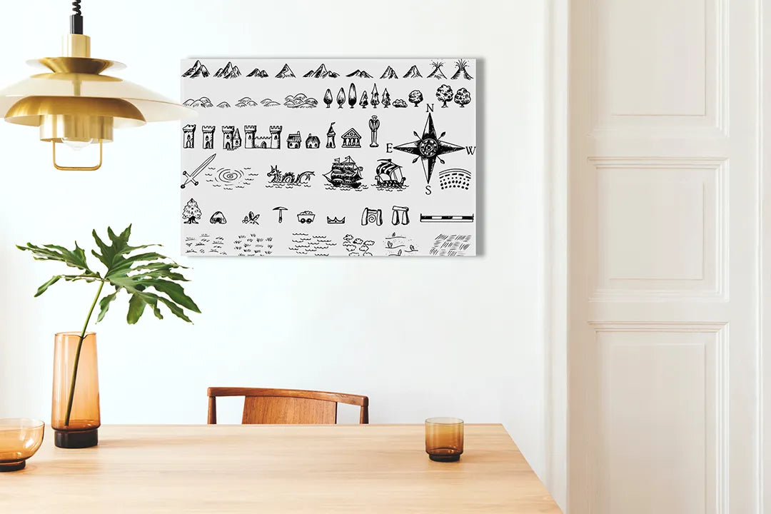 Kurkborden op canvas met zwart-witte avontureniconen – formaat 100 × 70 cm