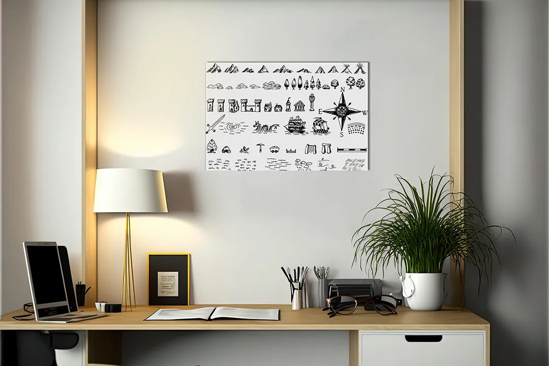 Kurkborden op canvas met zwart-witte avontureniconen – formaat 140 × 100 cm