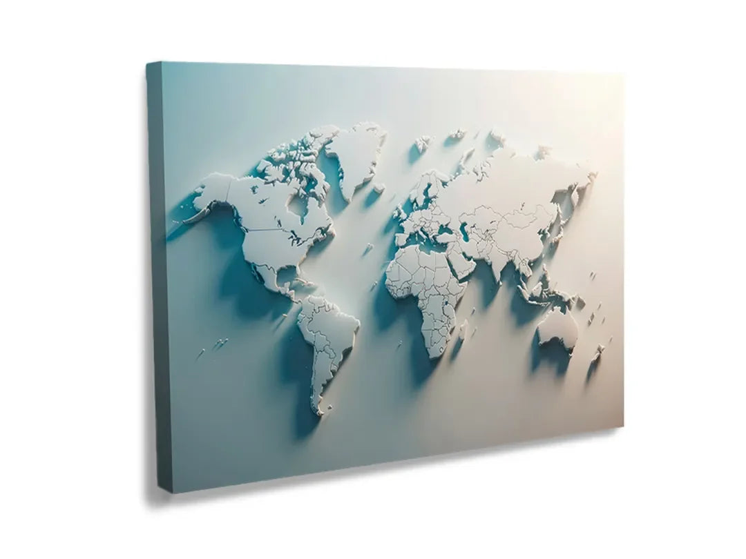 Kurkborden op canvas met witte driedimensionale wereldkaart – formaat 120 × 80 cm