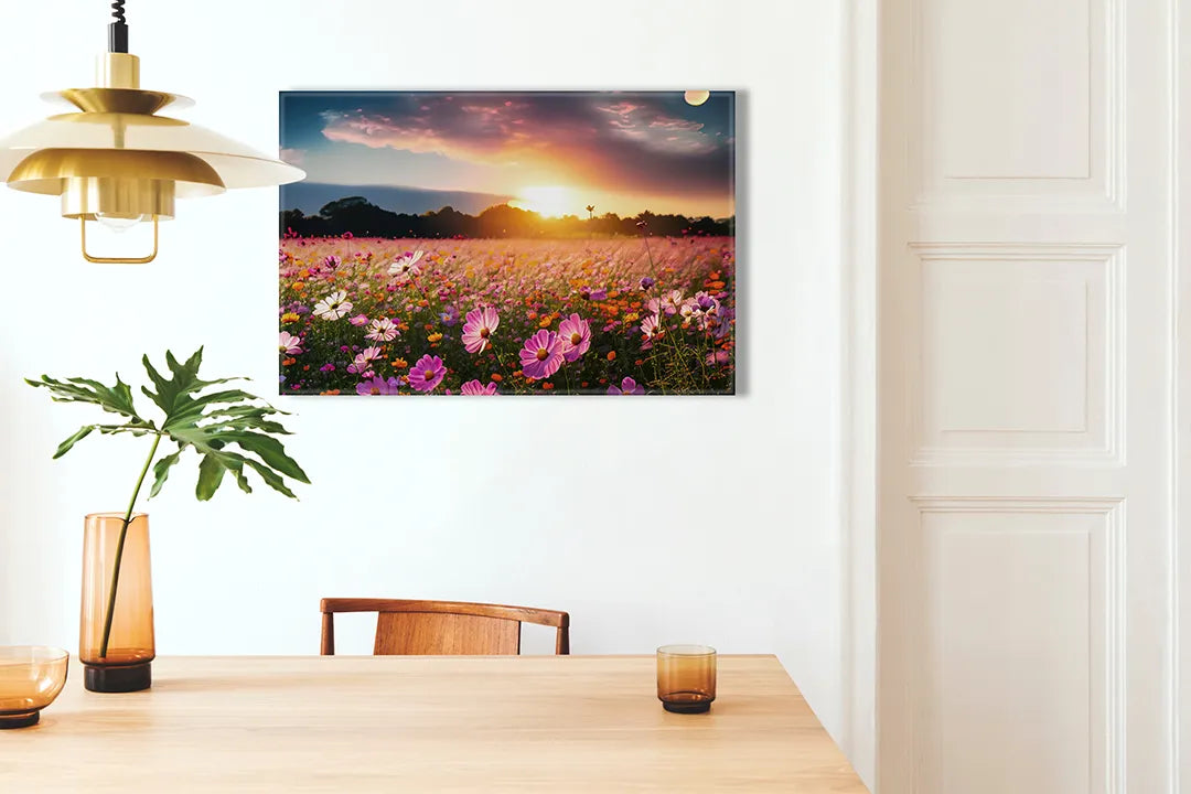 Kurkborden op canvas met bloemenveld bij zonsondergang – formaat 100 × 70 cm