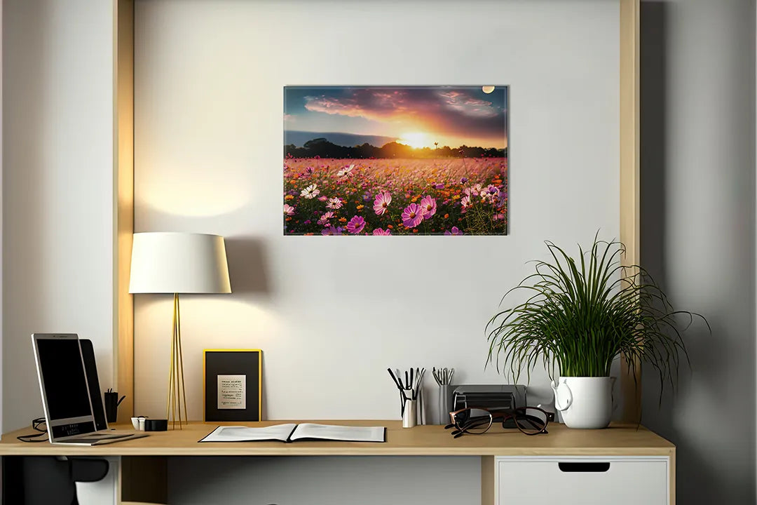 Kurkborden op canvas met bloemenveld bij zonsondergang – formaat 140 × 100 cm