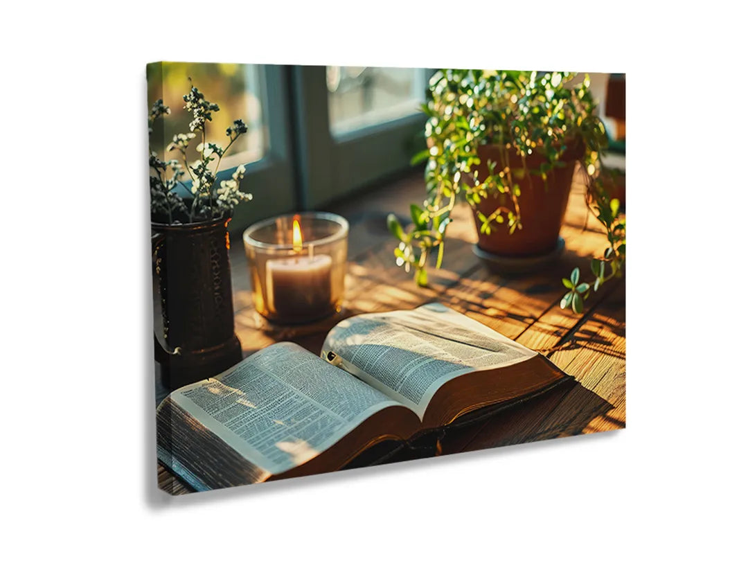 Kurkborden op canvas met open boek met planten en kaarslicht – formaat 120 × 80 cm
