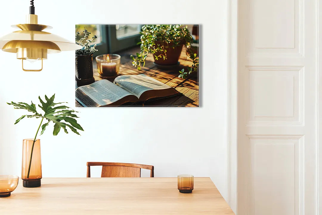 Kurkborden op canvas met open boek met planten en kaarslicht – formaat 100 × 70 cm