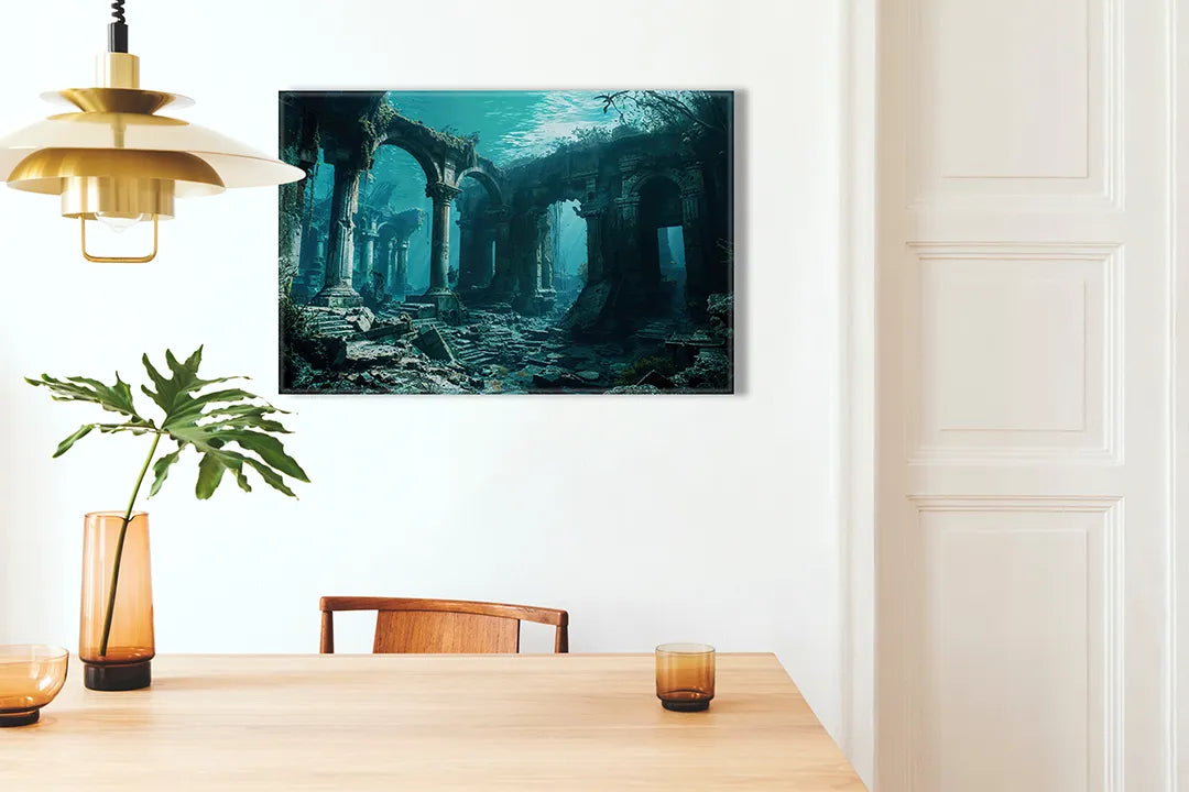 Kurkborden op canvas met verzonken ruïnes onder water – formaat 100 × 70 cm