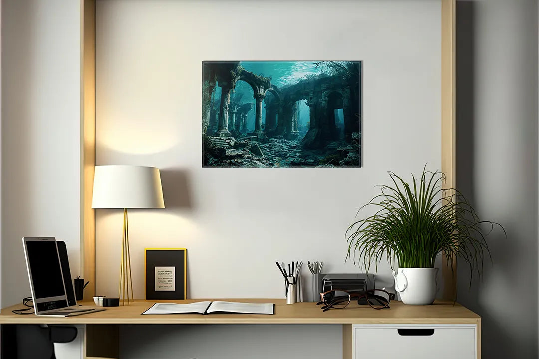 Kurkborden op canvas met verzonken ruïnes onder water – formaat 140 × 100 cm
