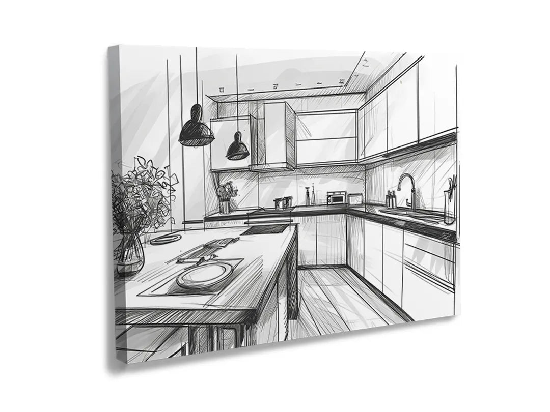 Kurkborden op canvas met architectuurschets van moderne keuken – formaat 120 × 80 cm
