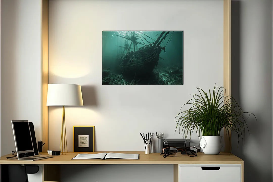 Kurkborden op canvas met scheepswrak onder water – formaat 140 × 100 cm