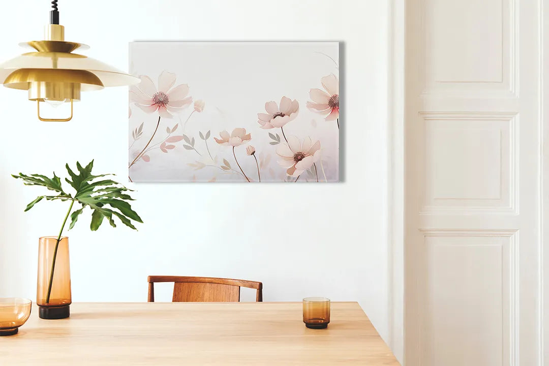 Kurkborden op canvas met zachte perzikbloesem illustratie – formaat 100 × 70 cm