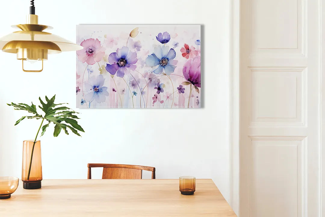Kurkborden op canvas met aquarelbloemen in roze en paars – formaat 100 × 70 cm