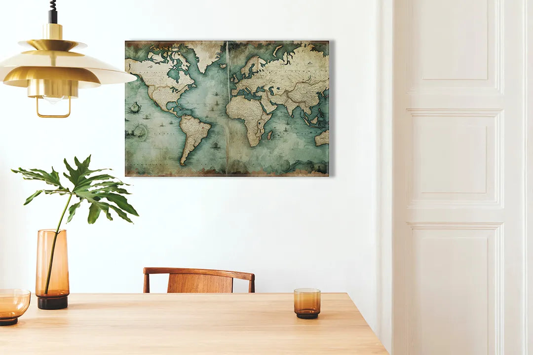 Kurkborden op canvas met vintage wereldkaart in groen en beige – formaat 100 × 70 cm