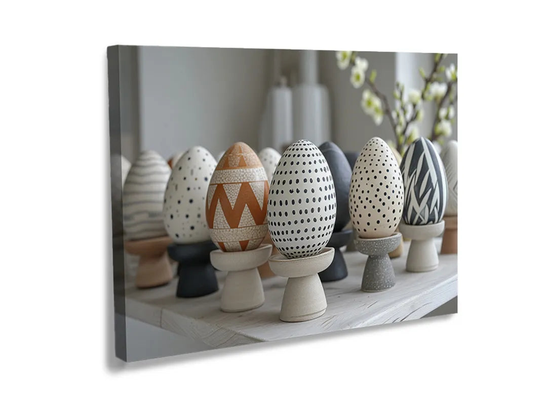 Kurkborden op canvas met decoratieve paaseieren in neutrale tinten – formaat 120 × 80 cm