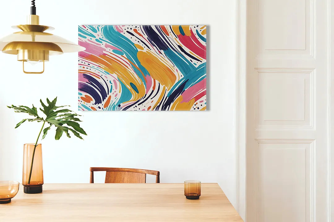 Kurkborden op canvas met kleurrijk golvend marmerpatroon – formaat 100 × 70 cm