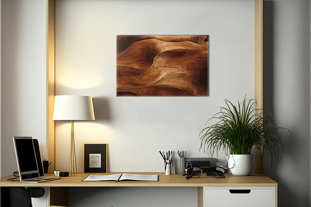 Kurkborden op canvas met golvend hout in warme bruintinten – formaat 140 × 100 cm